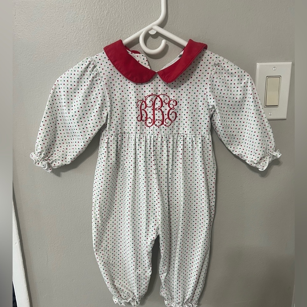 Jessie Dressie Smocking Monogram Baby Girl Christmas Romper Polka Dot 18M EUC